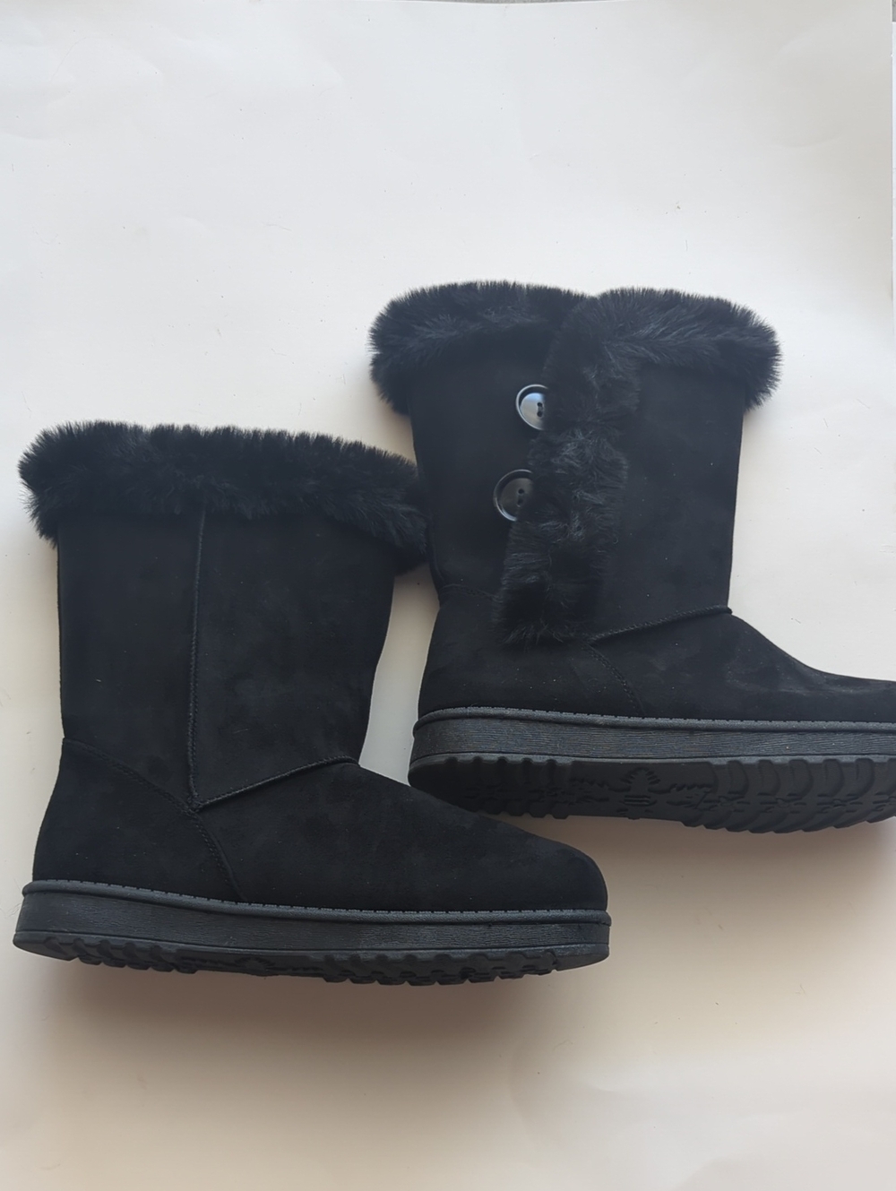 SO Women's Black Faux Suede Mid-Calf Winter Boots with Faux Fur Trim